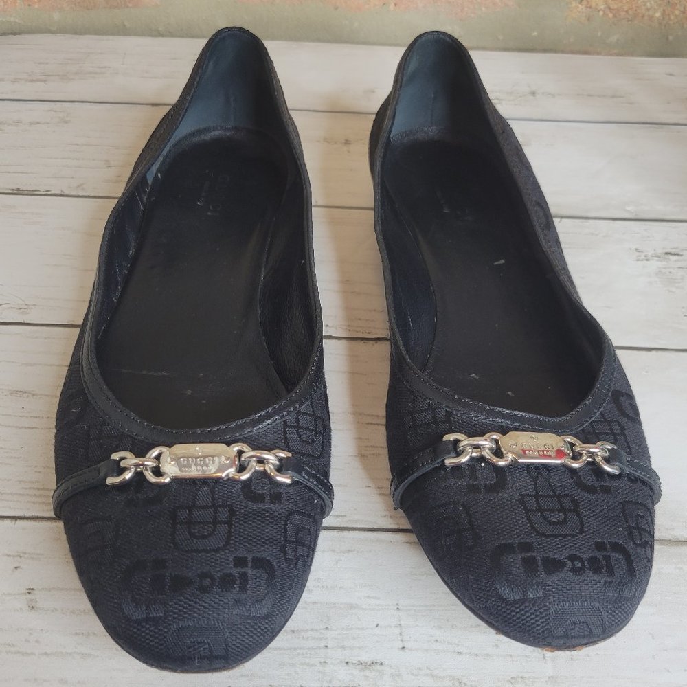 GUCCI 256342 Horsebit Canvas Metal Logo Ballet Flats 39.5 Black